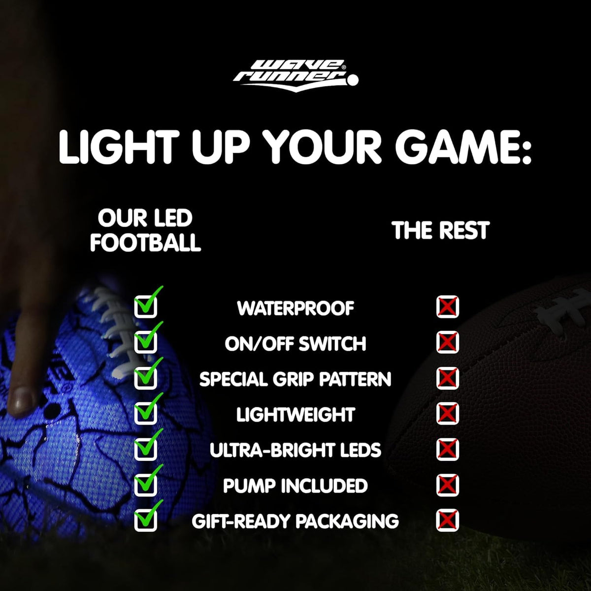 Wave Runner glowing blue color-changing sports toy football being caught at night