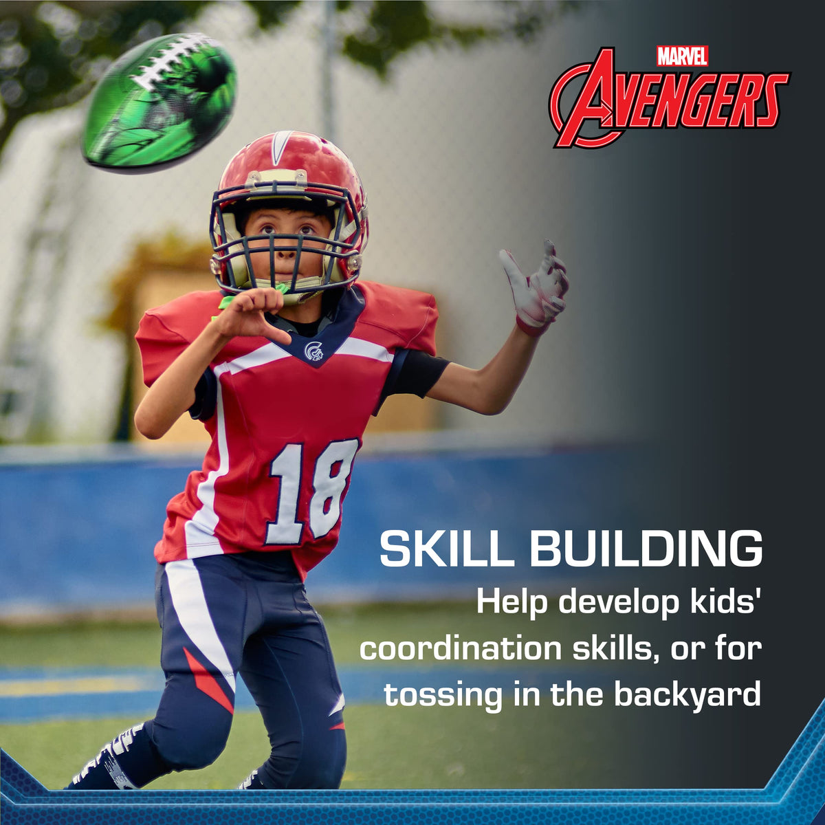 Back perspective of the green Avengers youth football against a white studio background.