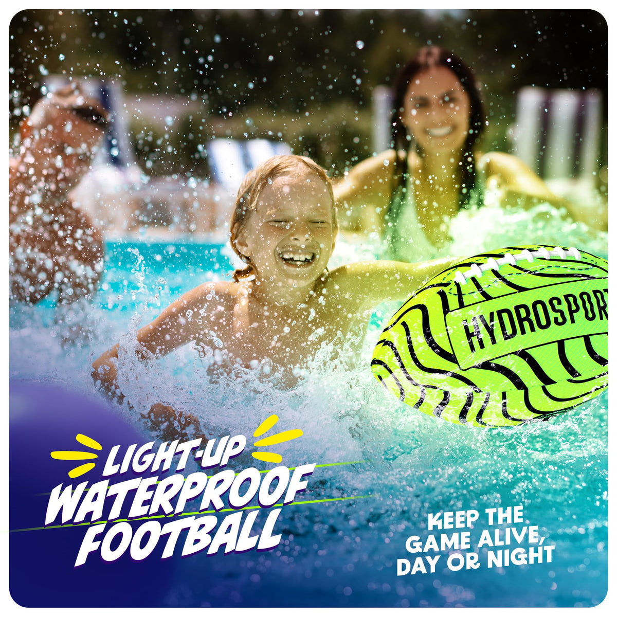 HydroSport glowing water football illuminating in a swimming pool at night