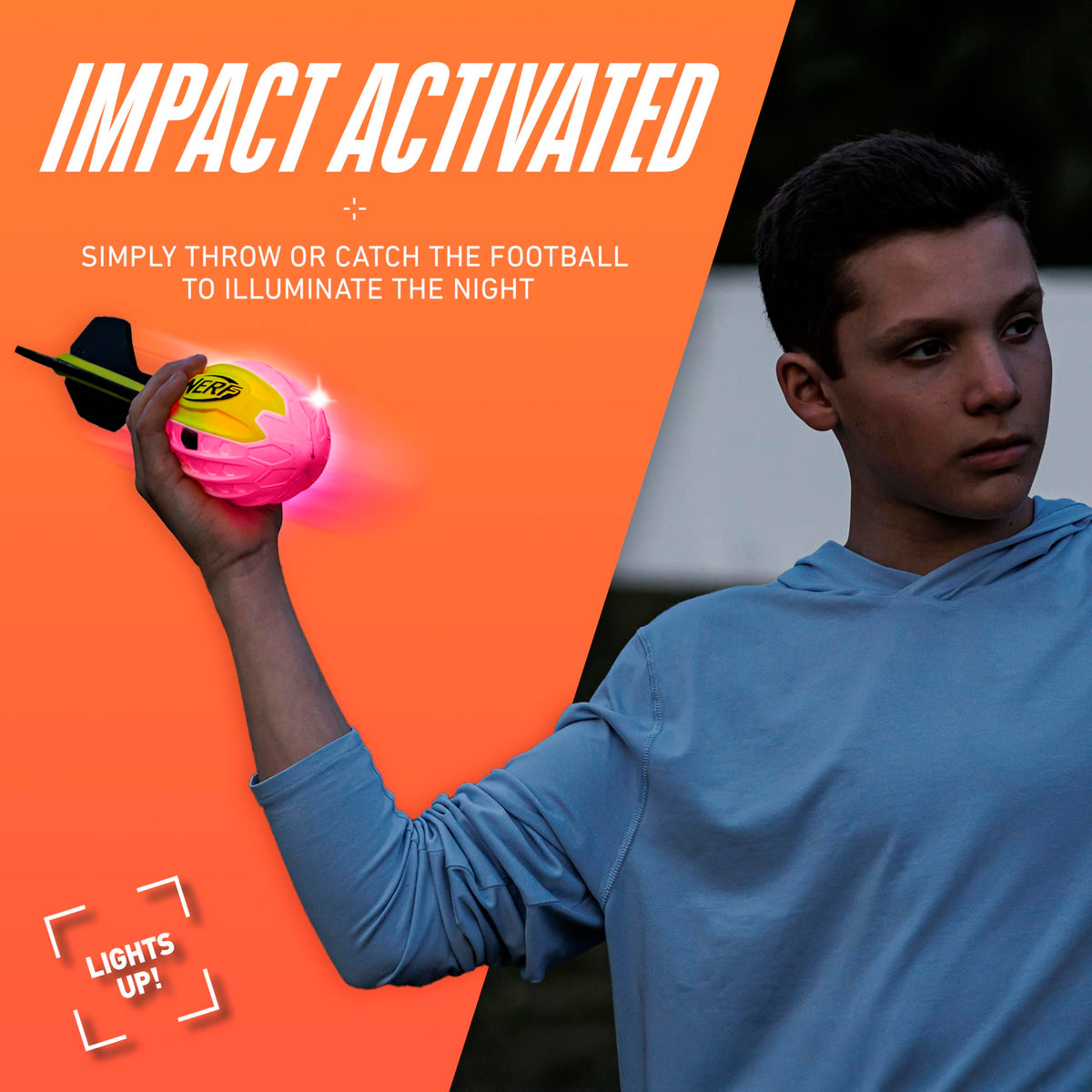 Impact activated glow in the dark toy football showing the built in whistles.