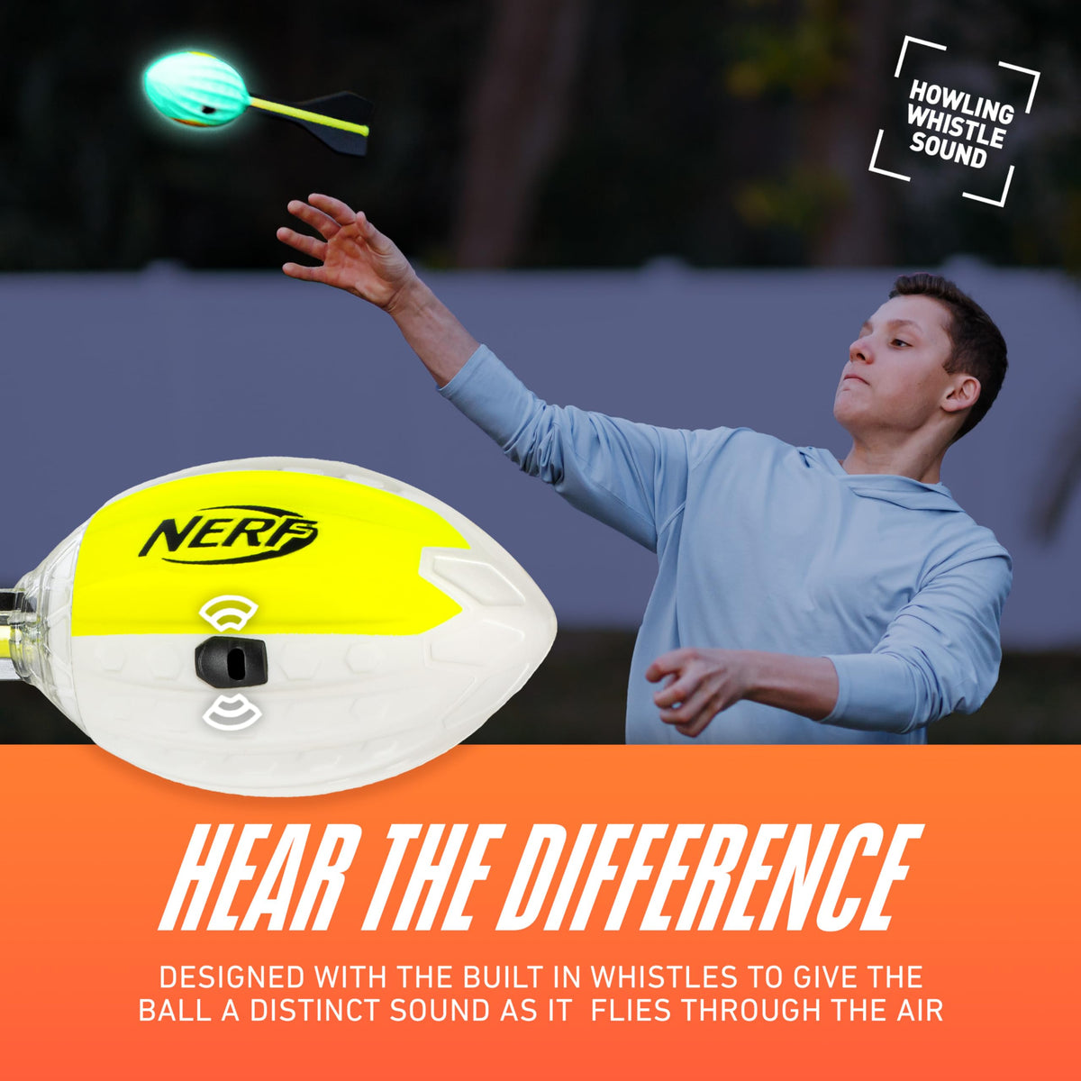 Soft foam Nerf football designed for safe indoor and outdoor long distance throws.