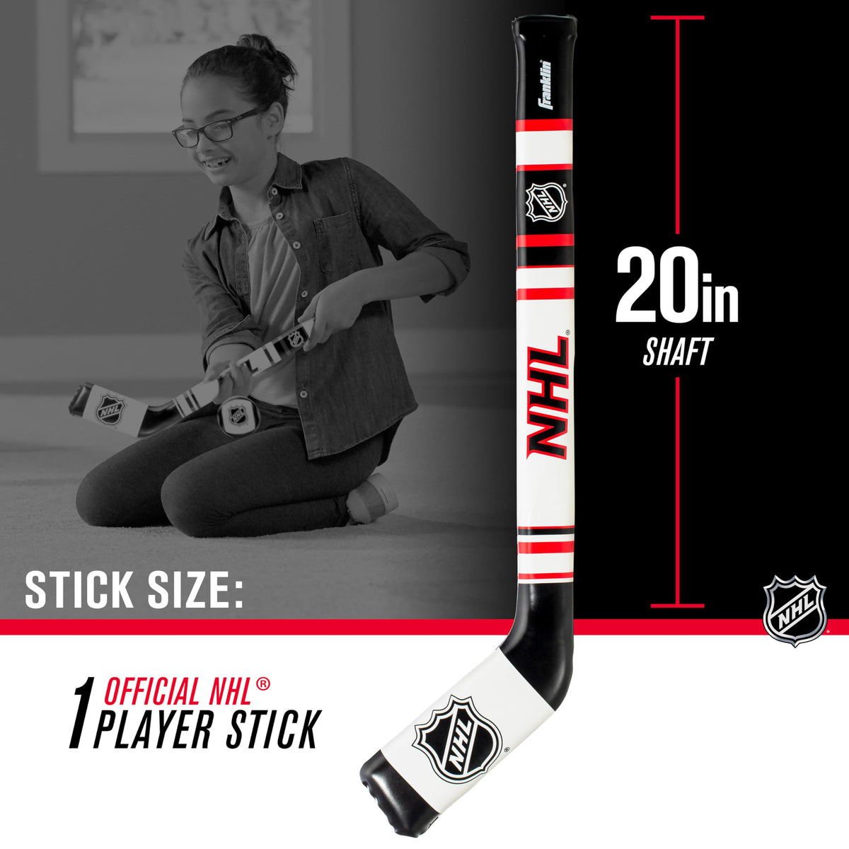 Close up of the twenty four point five inch soft vinyl kids knee hockey stick packaging.