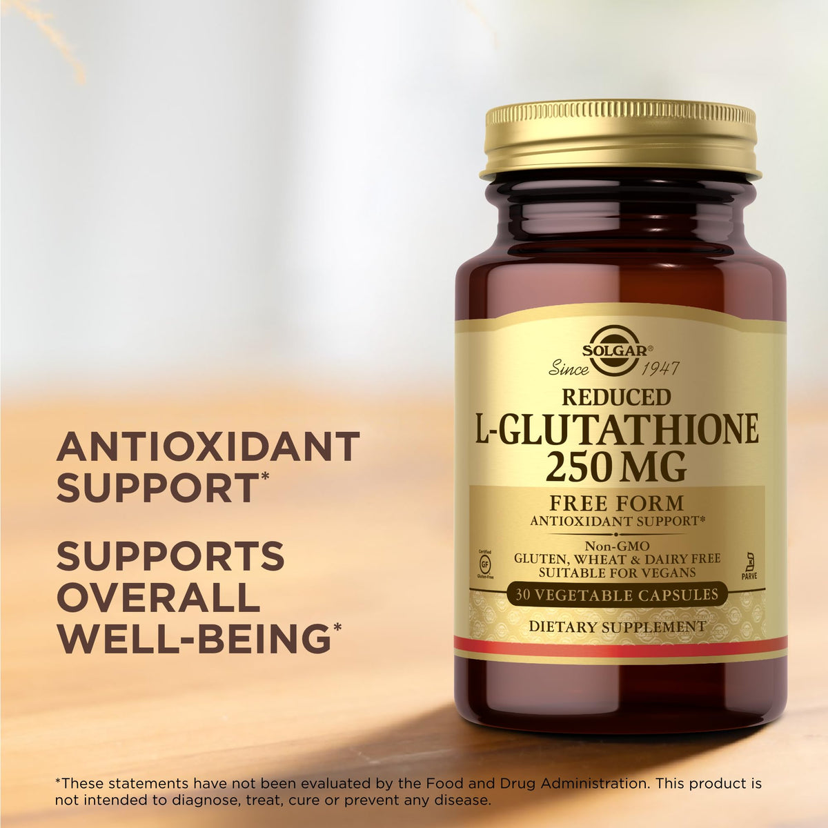 Close up of Solgar L-Glutathione 250 mg product bottle