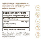 Solgar L-Lysine supplement bottle nutritional facts label