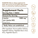 Solgar L-Lysine dietary supplement bottle side label details