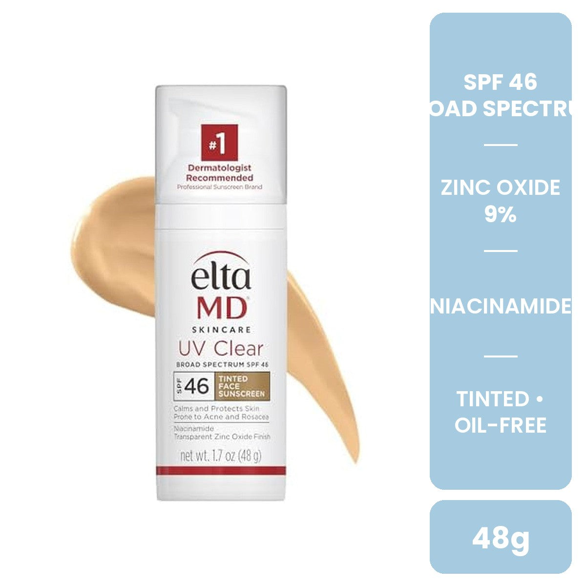 EltaMD UV Clear Tinted Facial Sunscreen SPF 46 48g with zinc oxide 9 percent and niacinamide