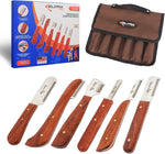 Set of dog grooming tools with wooden handles and metal combs, displayed with packaging and carrying case.