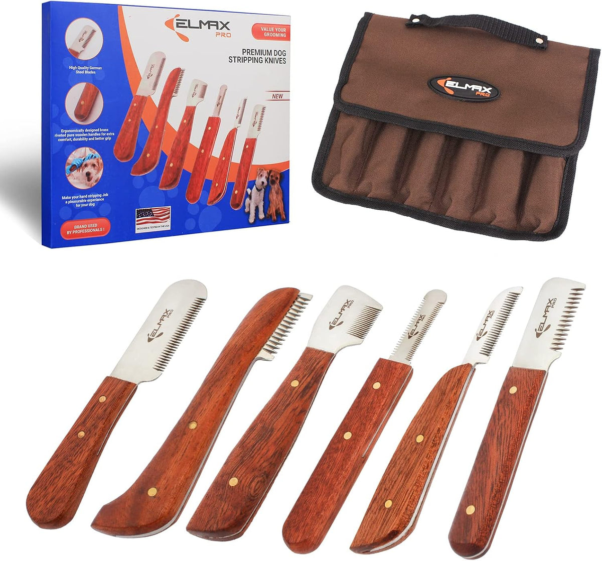 Set of dog grooming tools with wooden handles and metal combs, displayed with packaging and carrying case.