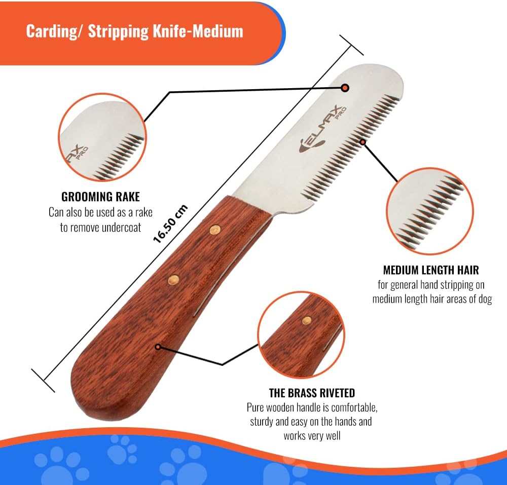 Carding/Stripping Knife with wooden handle and metal blade, labeled for use on dogs.