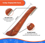 Wooden grooming knife with coarse teeth and brass rivets, labeled for features.