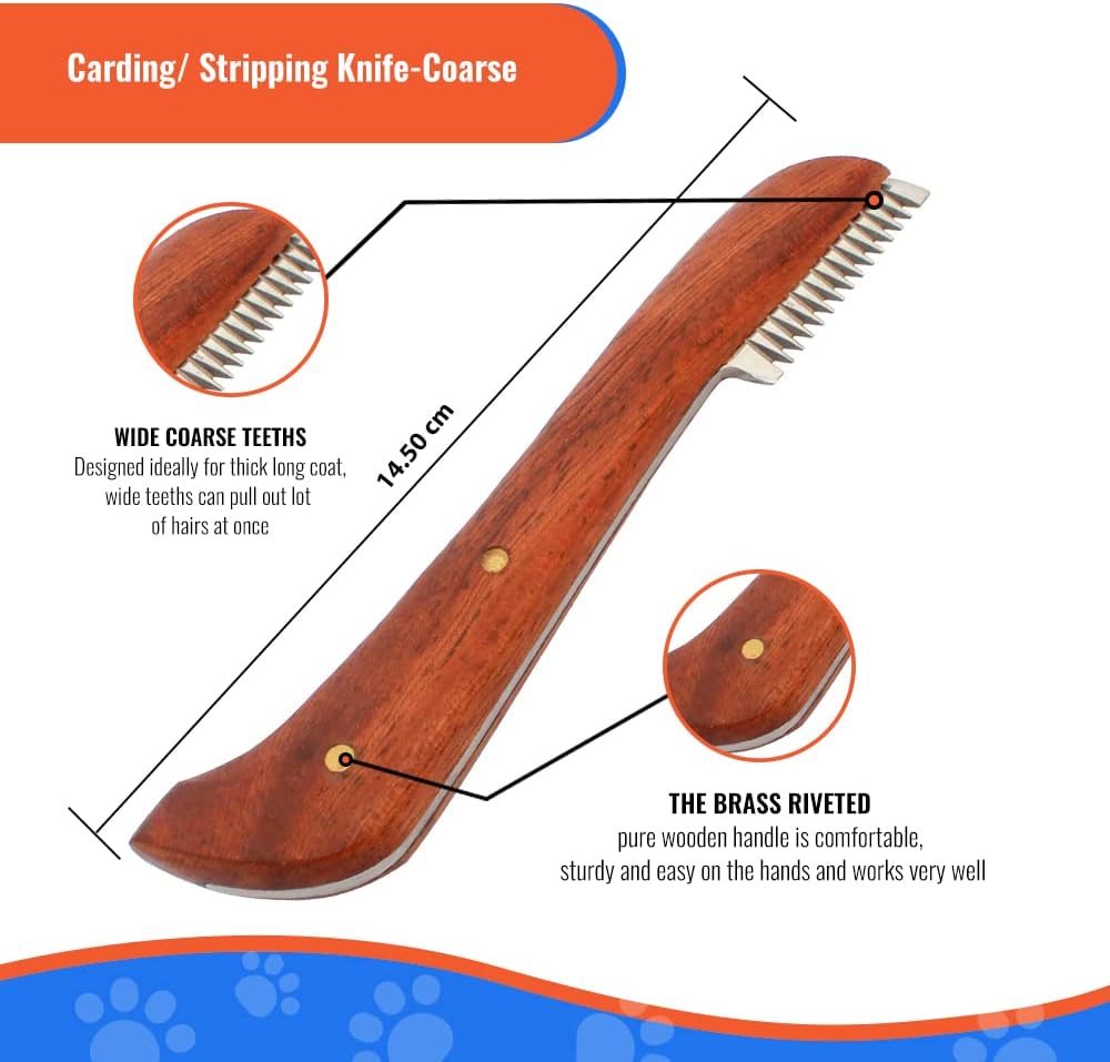 Wooden grooming knife with coarse teeth and brass rivets, labeled for features.