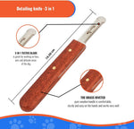 3-in-1 detailing knife with wooden handle and metal blade on a white background