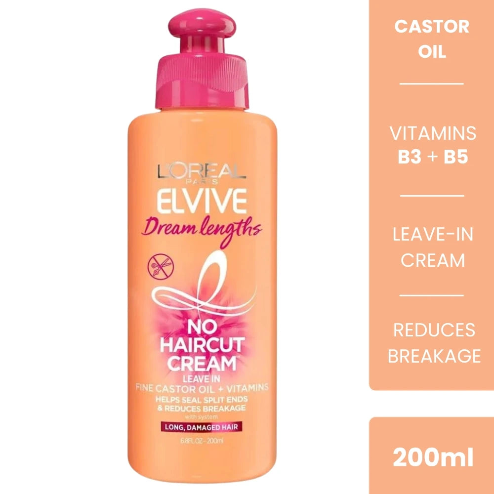 L'Oreal Elvive Dream Lengths No Haircut Cream 200ml leave-in with castor oil and vitamins B3 B5 to reduce hair breakage