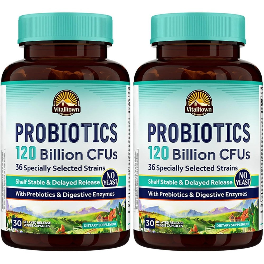 Vitalitown Probiotics 120 Billion CFUs front view bottle packaging for daily digestive health supplement