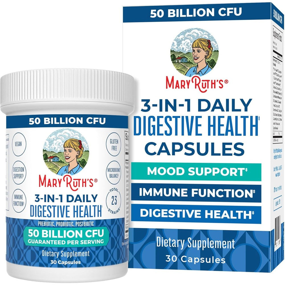 MaryRuth Organics 3 in 1 Probiotics 30 Capsules front view bottle for daily digestive health