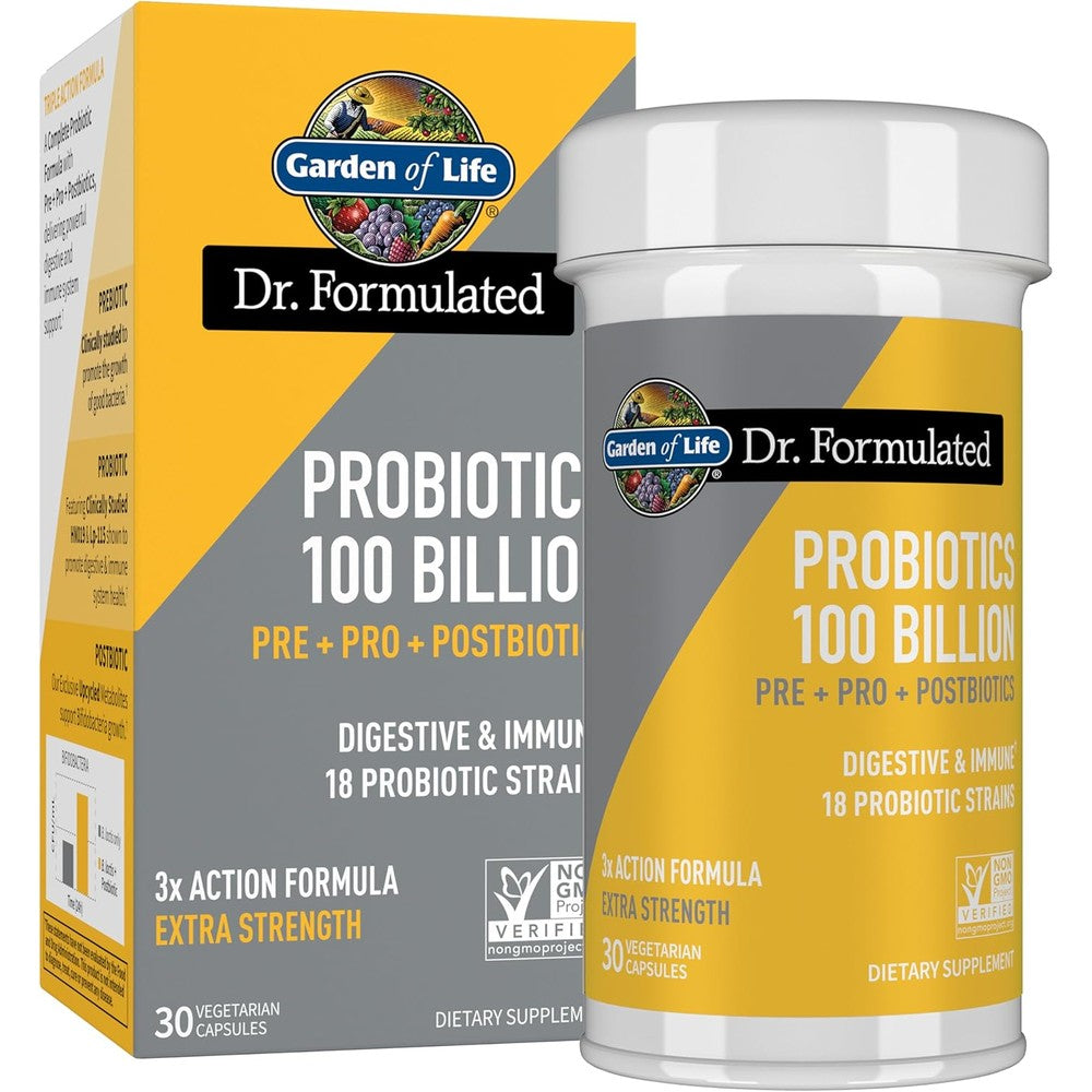 Garden of Life Dr Formulated 3 in 1 Complete Probiotics 30 Vegetarian Capsules front view showing 100 Billion CFU label