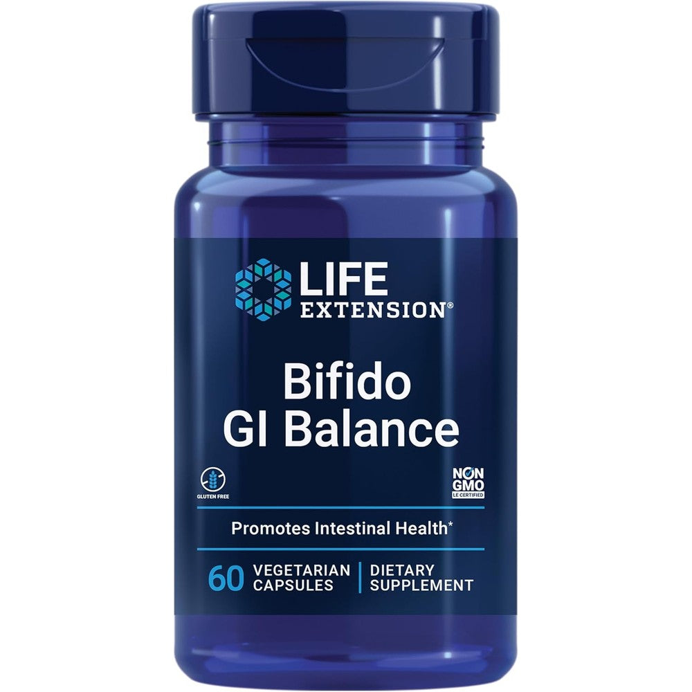 Life Extension Bifido GI Balance Probiotics front view showing 60 vegetarian capsules packaging