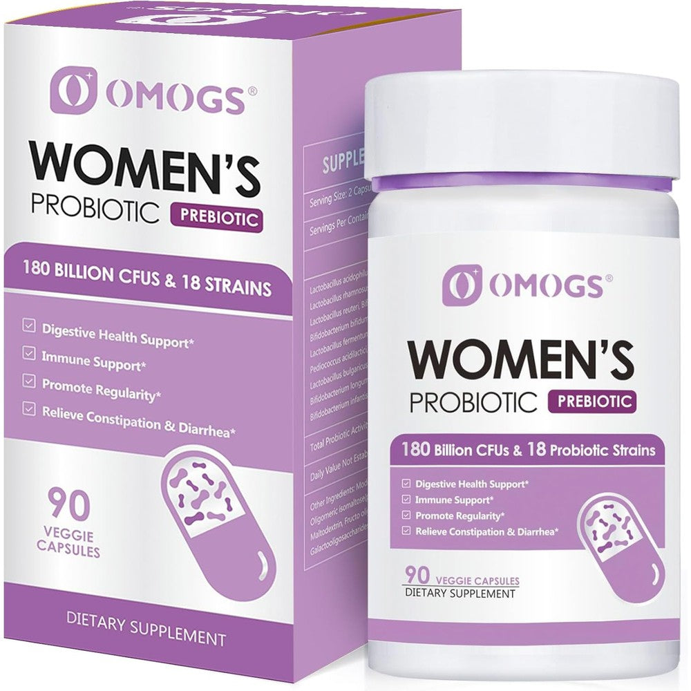 Omogs Women's Probiotic 90 capsules front bottle view showing 180 billion CFUs strength
