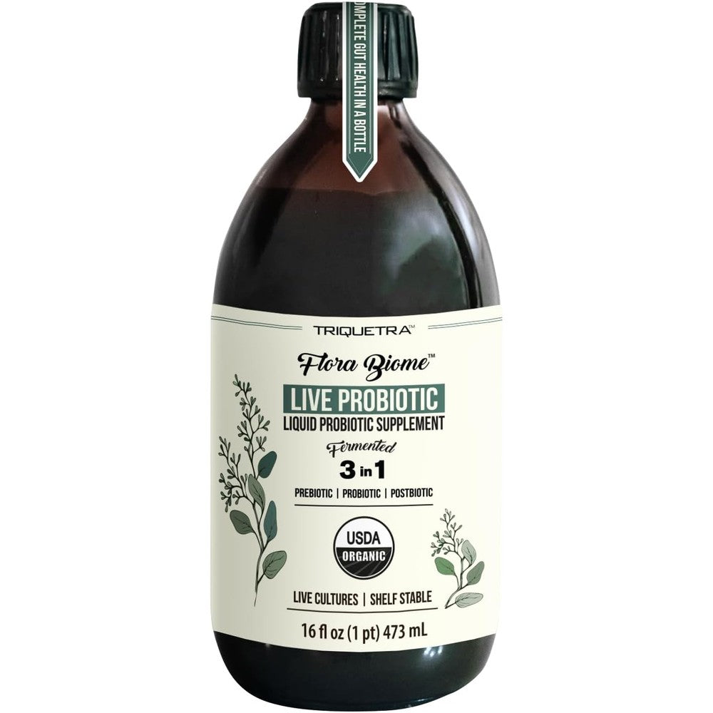 Triquetra Health Flora Biome live probiotic liquid supplement 16 ounce bottle front view