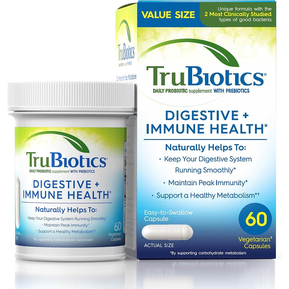 TruBiotics Daily Probiotic Supplement 60 Capsules front view package showing digestive health benefits
