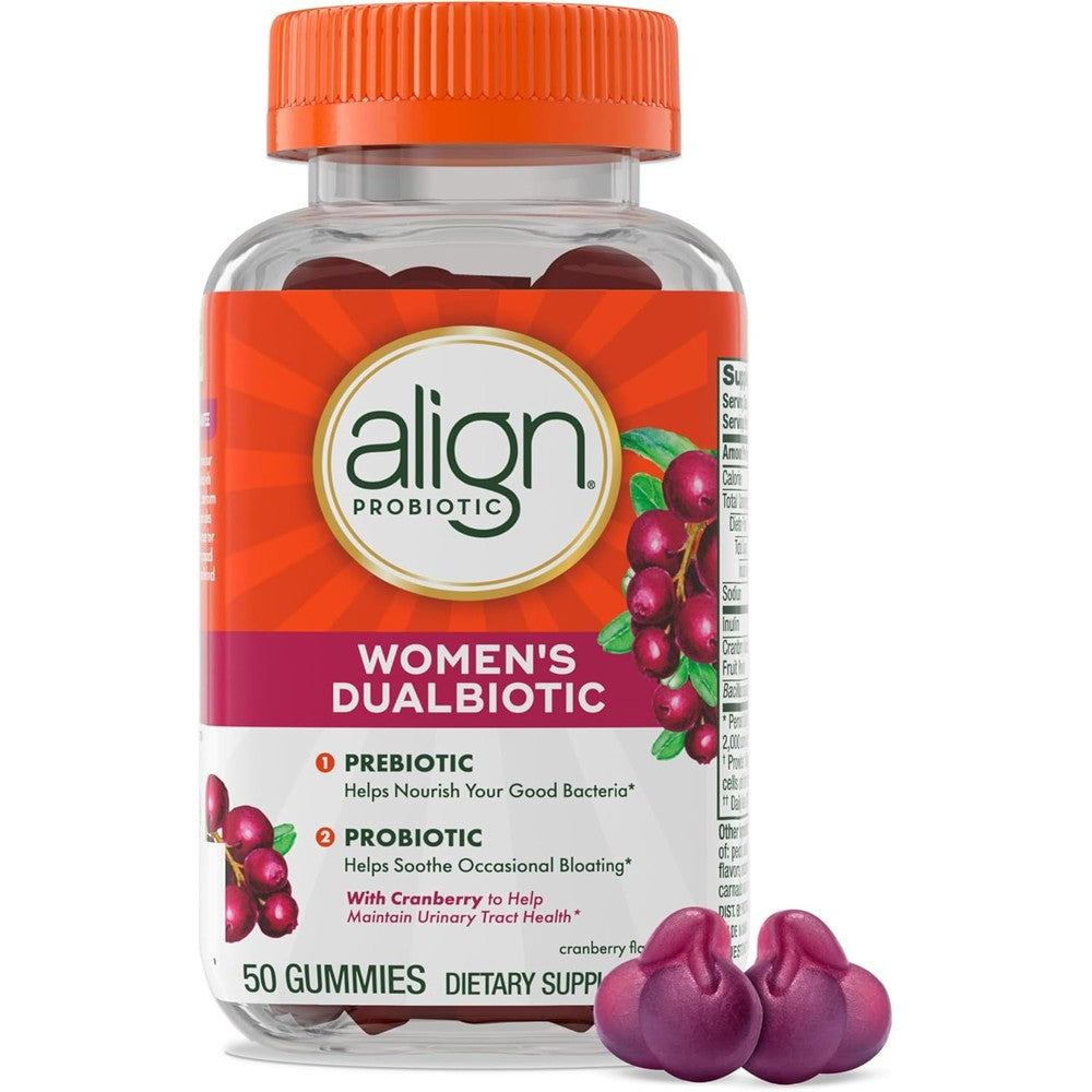 Align Women’s Dualbiotic Probiotic Cranberry Flavour 50 Gummies front view bottle for gut health