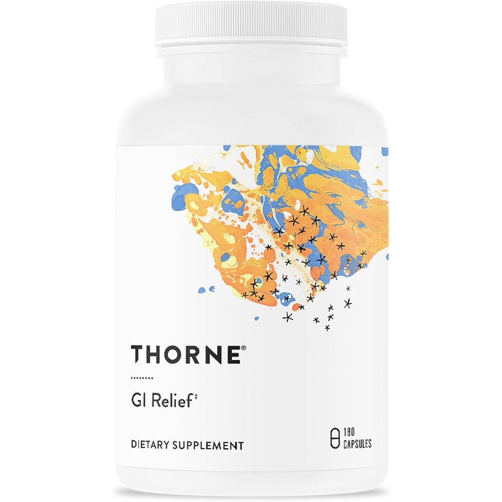 Thorne GI Relief 180 Capsules front view bottle for bloating relief.