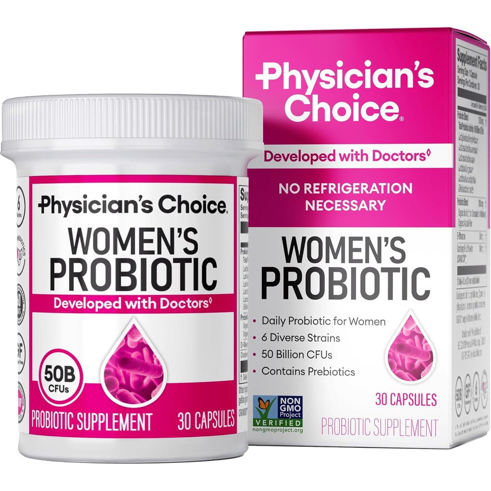Physician's Choice Women's Probiotic 30 capsules front view packaging for digestive health.
