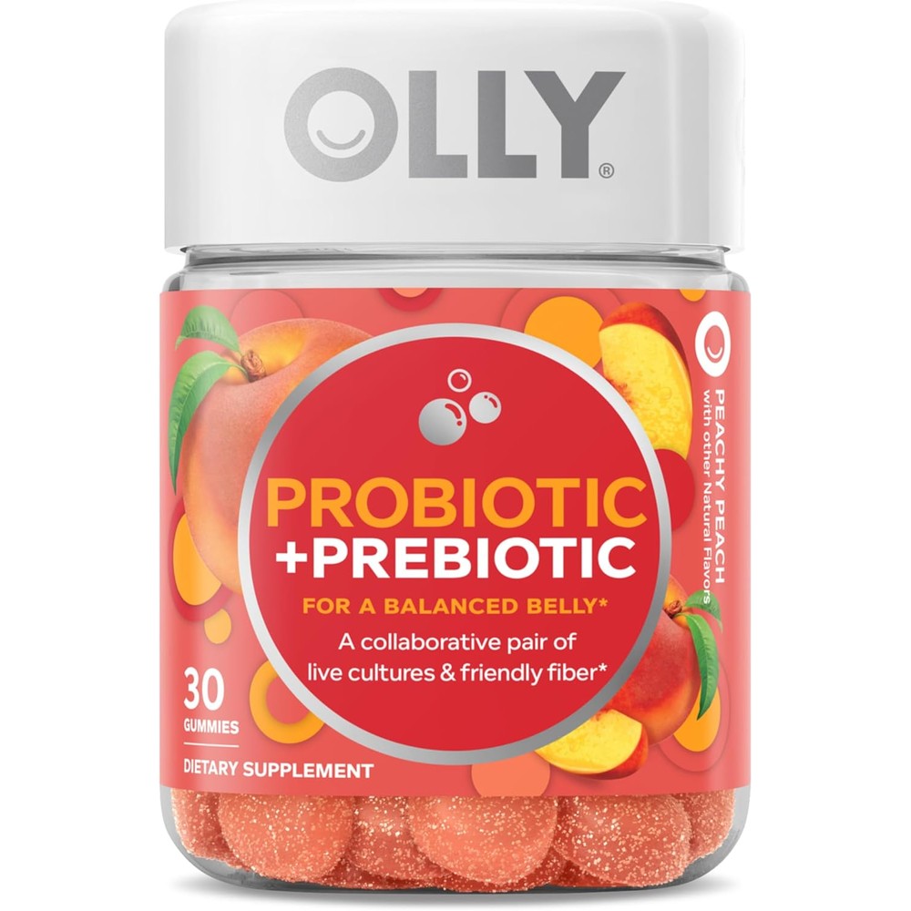 OLLY Probiotic plus Prebiotic 30 gummies bottle front view showing peachy peach digestive support supplement packaging