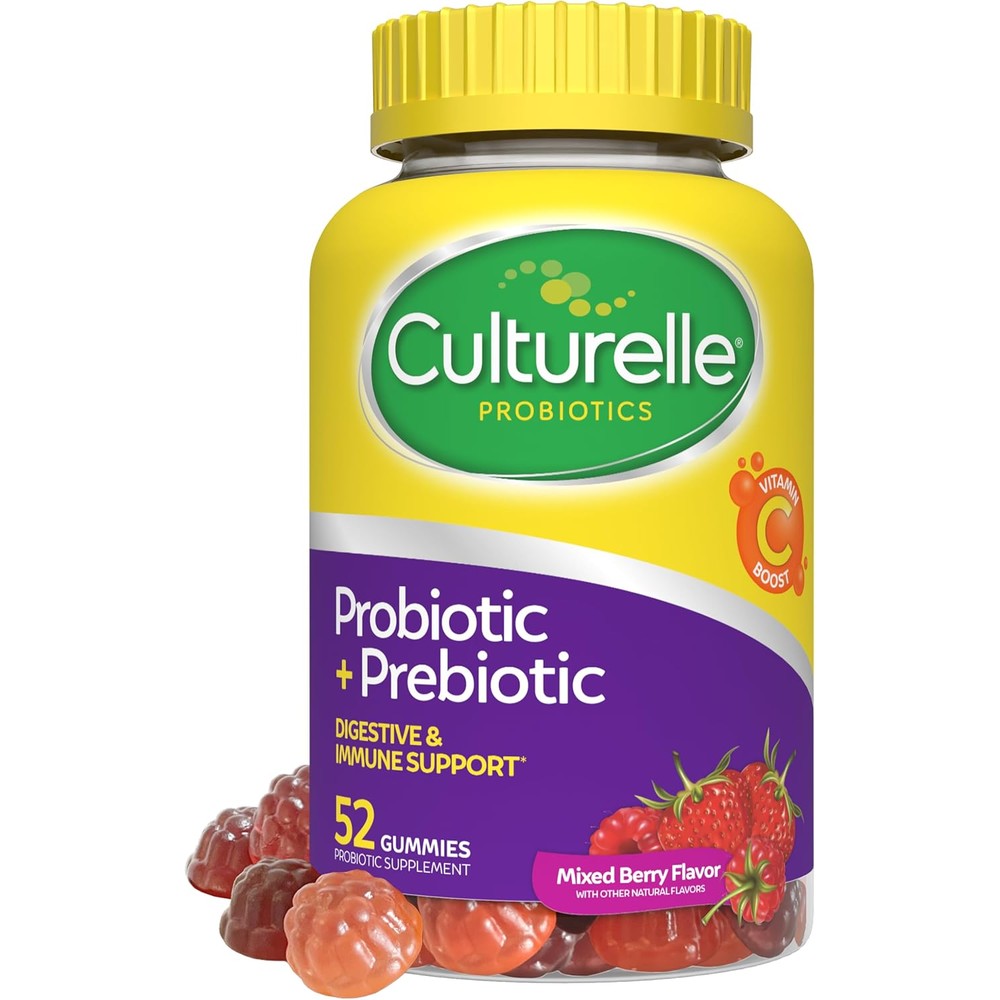 Culturelle Daily Probiotic and Prebiotic 52 Gummies front view showcasing imported nutritional supplement packaging.