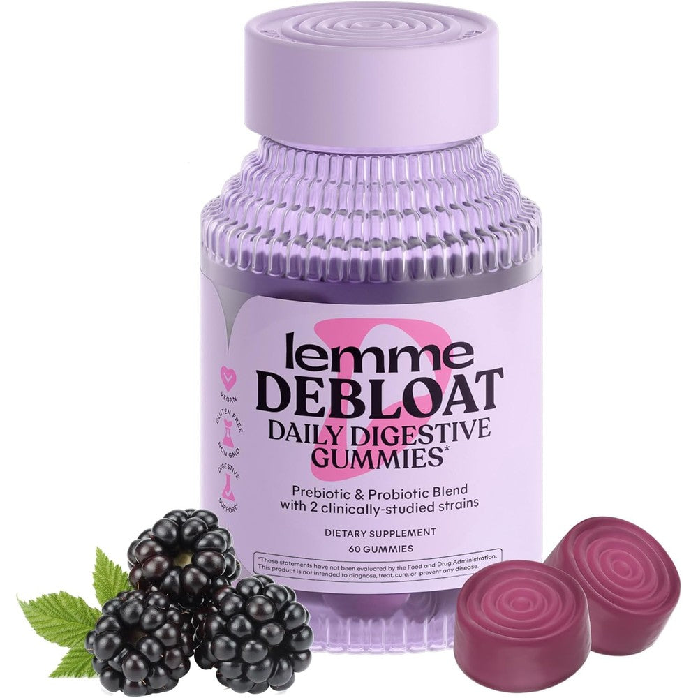 Lemme Debloat daily digestive probiotic and prebiotic 60 blackberry gummies front view bottle