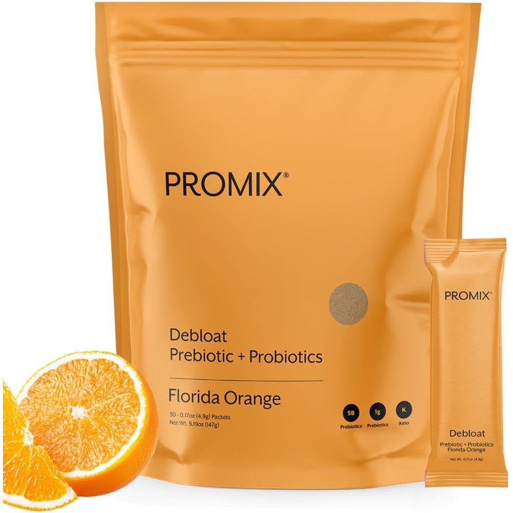 ProMix Nutrition Debloat Prebiotics and Probiotics packaging front view showing Florida Orange flavor stick packs.