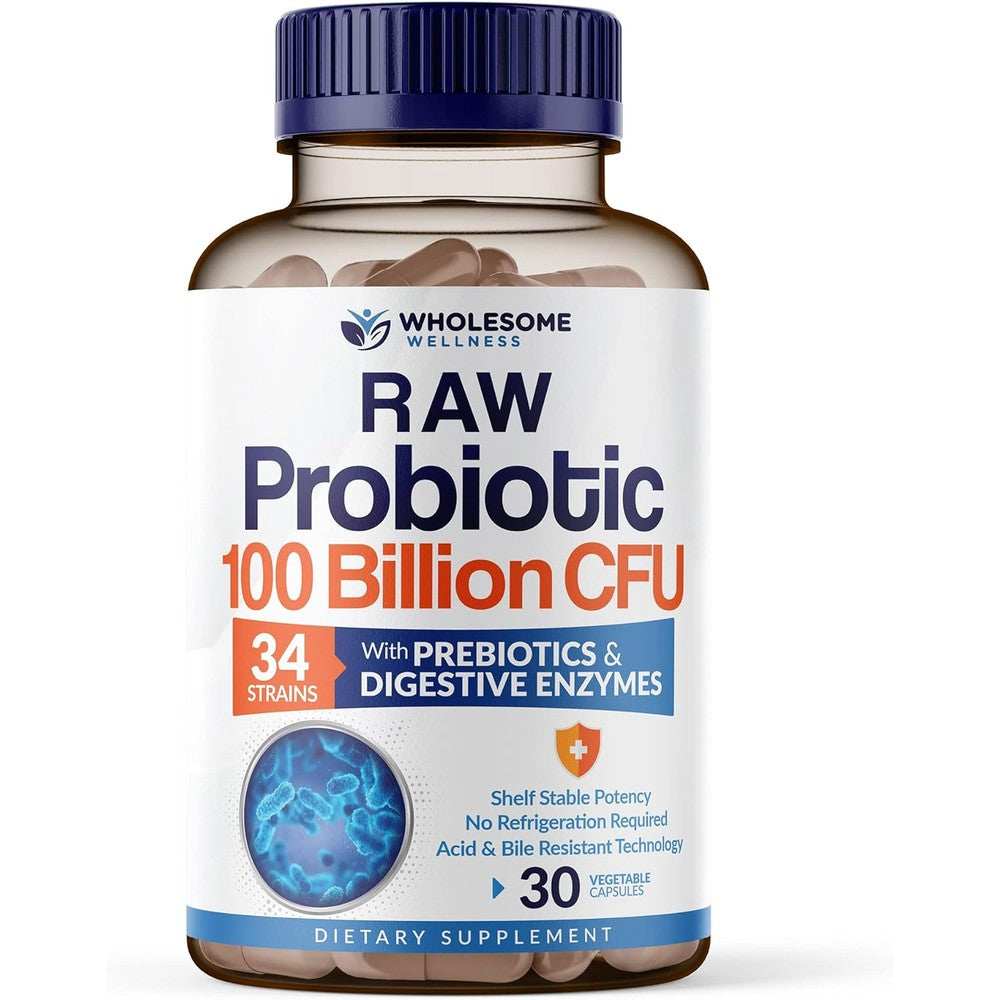Wholesome Wellness Organic Raw Probiotics 100 Billion CFU front bottle view for digestive health