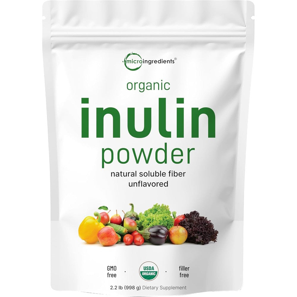 Micro Ingredients Organic Inulin FOS Fiber Powder front packaging view for authentic prebiotic gut health supplement.