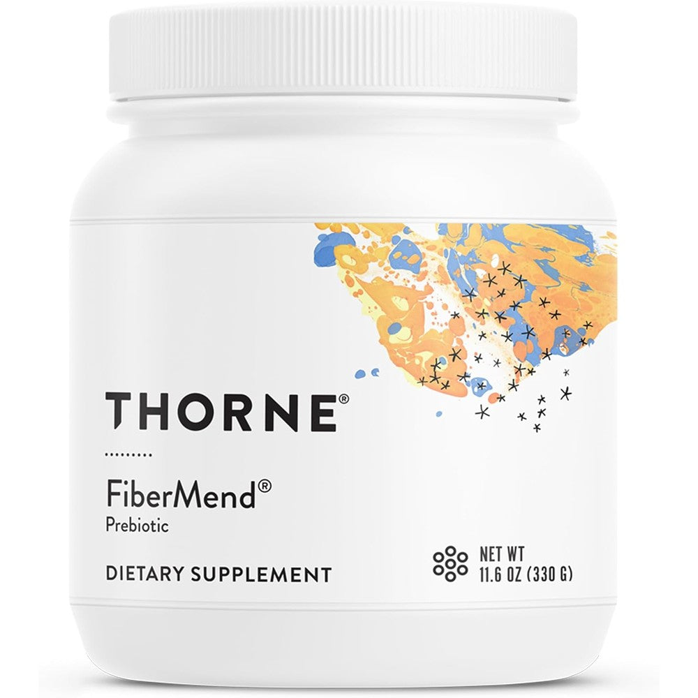 Thorne FiberMend Prebiotic Fiber Powder front view of unflavored supplement jar for digestive health
