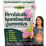 BoochBod Probiotic Kombucha Raspberry Gummies front view showing the product packaging for USA gut health supplements.