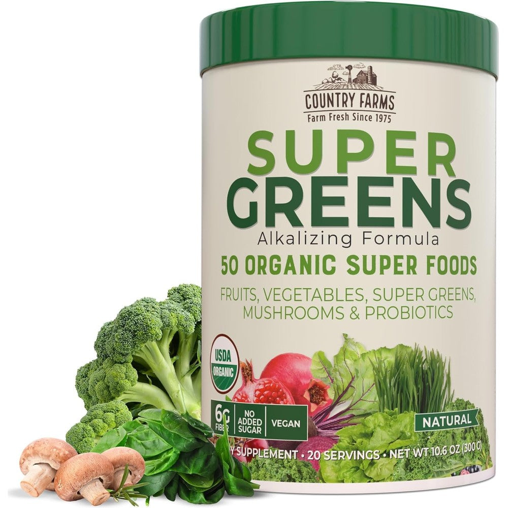 Country Farms Organic Super Greens Natural Flavor front view container for daily nutrition.