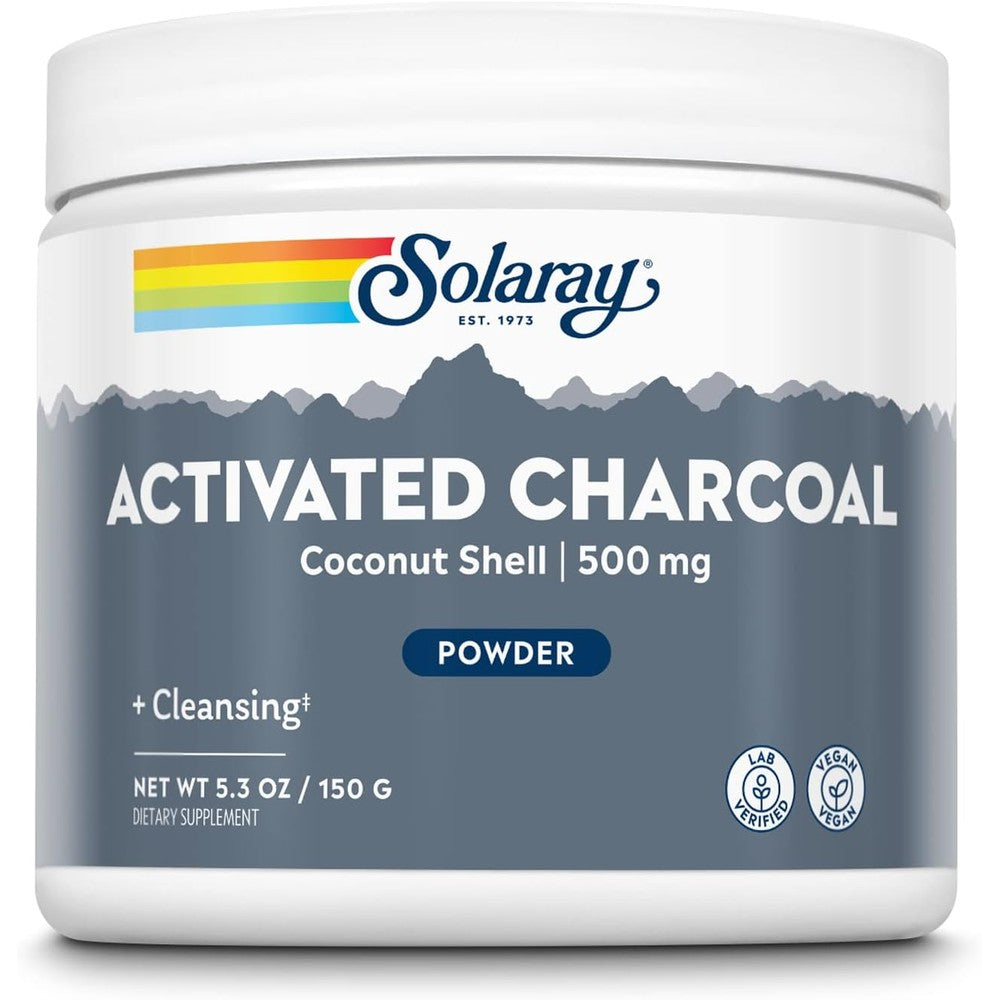 Solaray Activated Coconut Charcoal Powder front view container for digestive cleansing