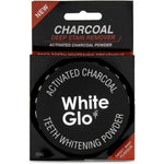White Glo Activated Charcoal Teeth Whitening Powder 30g container front view showing clean fresh mint flavour dental care product