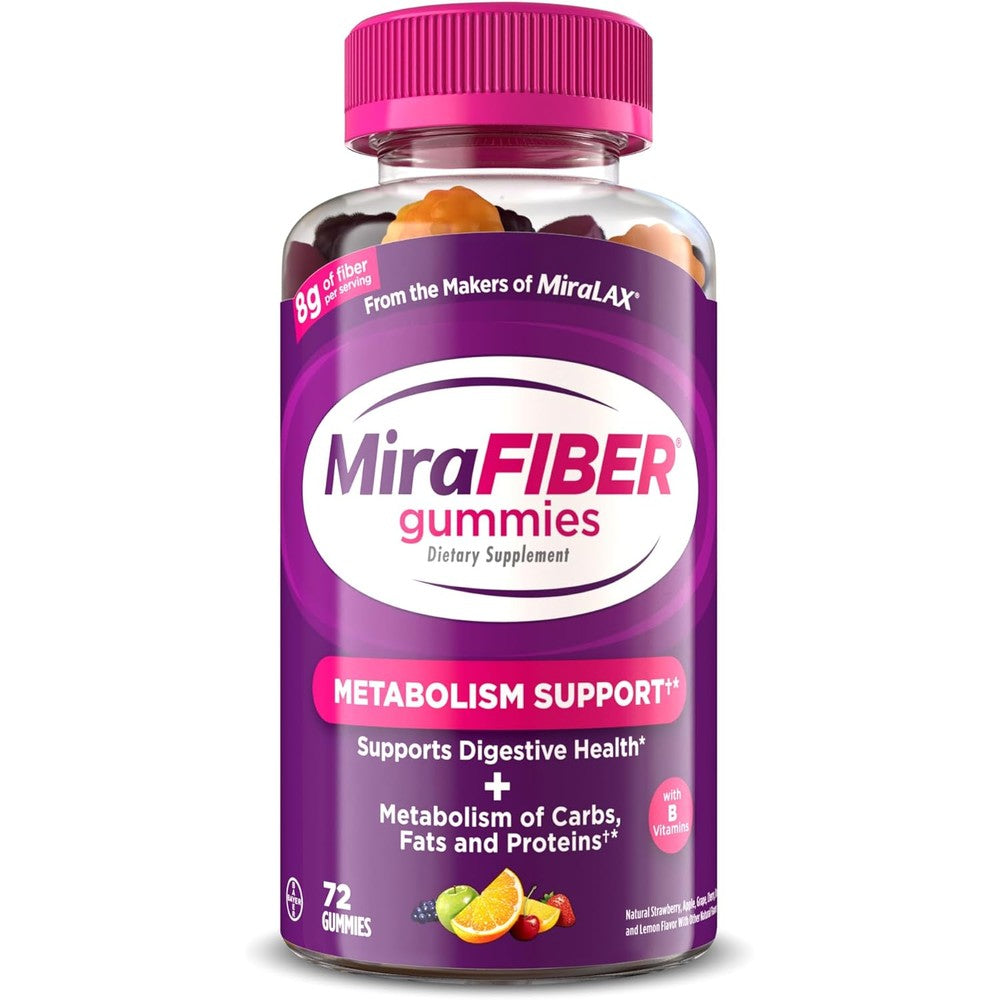 MiraLAX MiraFIBER Prebiotic Daily Fiber Gummies front view bottle for digestive health