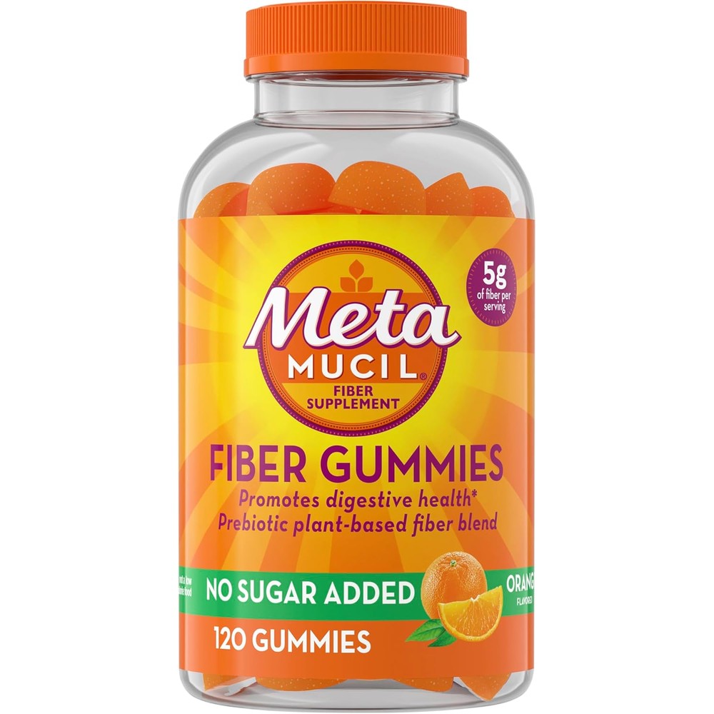 Metamucil Fiber Gummies No Sugar Added Orange 120 Count front view bottle for digestive health