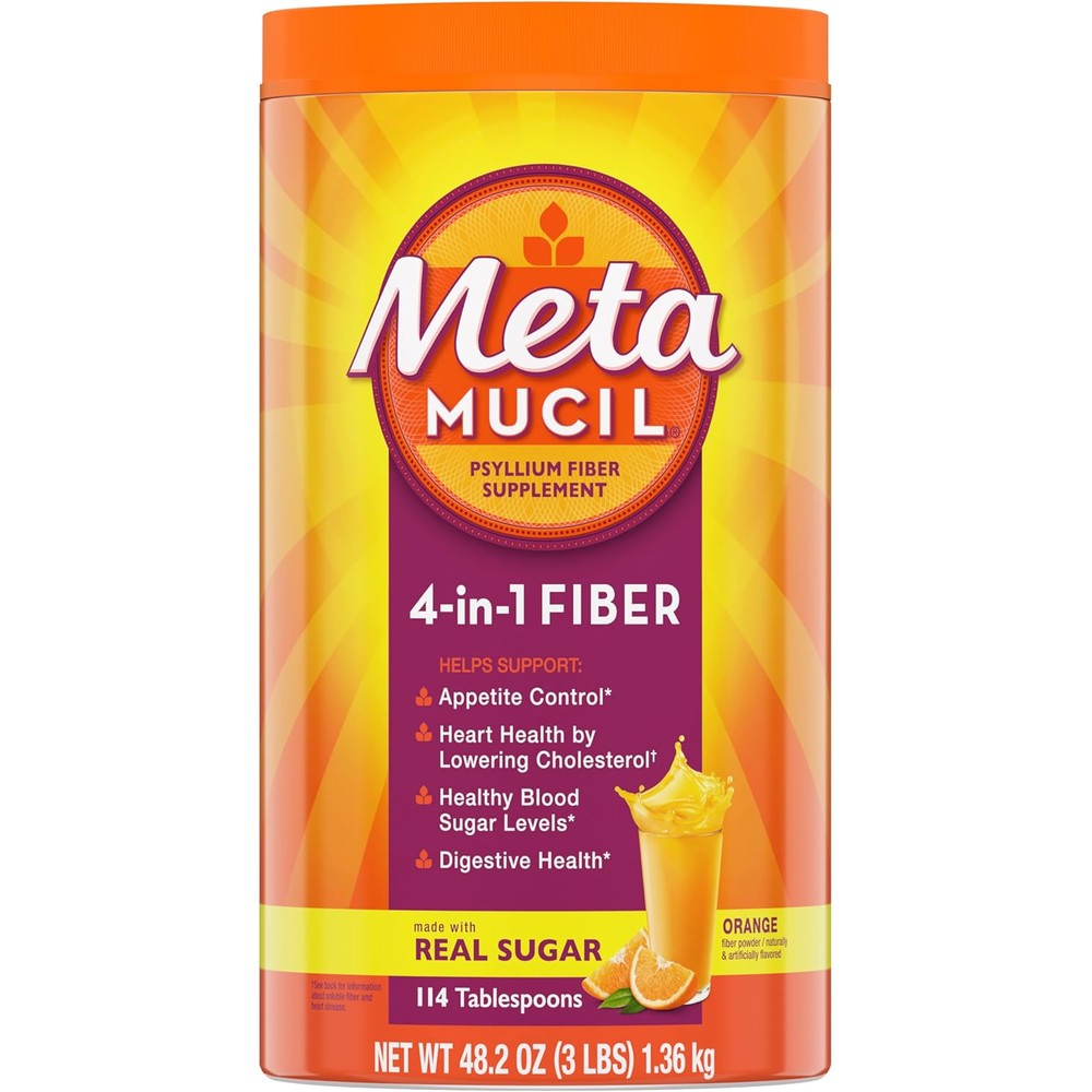 Metamucil daily fiber supplement front view orange flavor powder