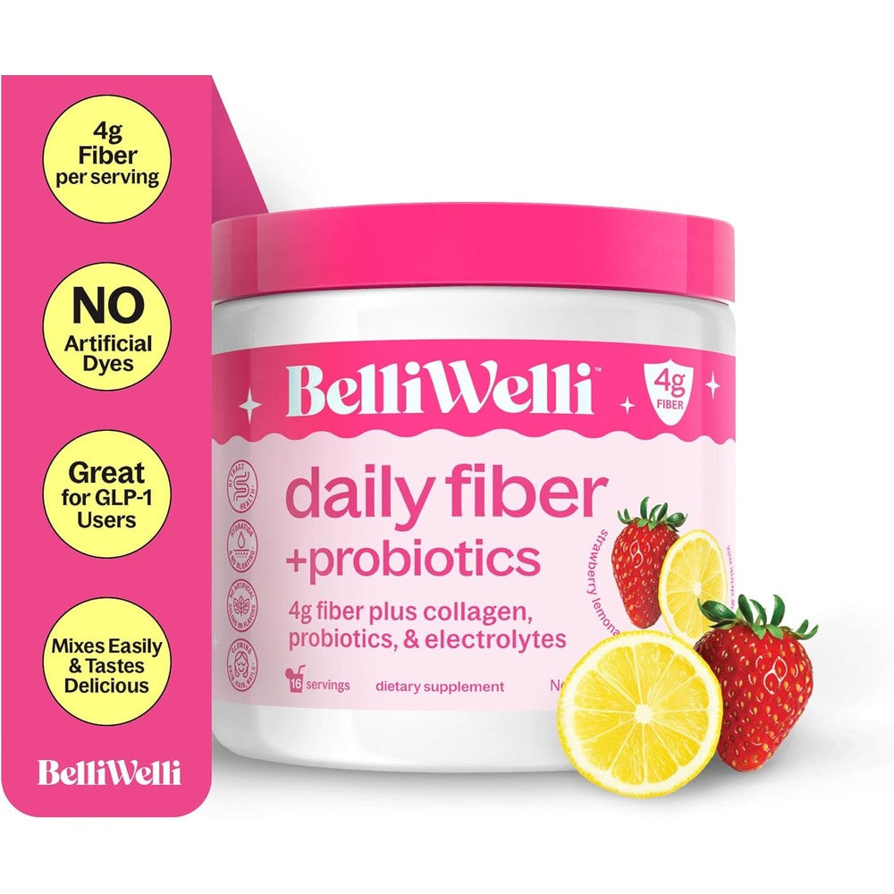 BelliWelli Organic Acacia Fiber and Collagen Powder Strawberry Lemonade front view bottle for gut health.