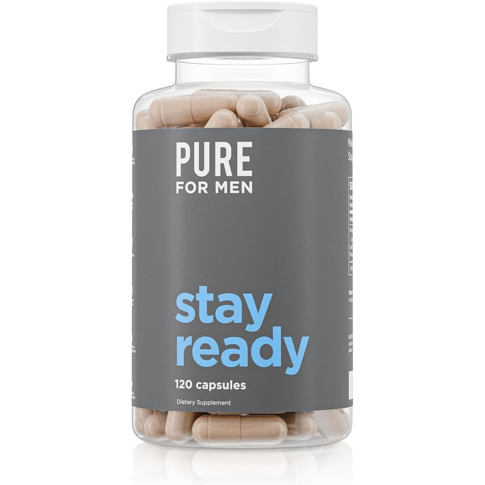 Pure for Men Stay Ready Fiber Supplement 120 Capsules front bottle view for digestive regularity.