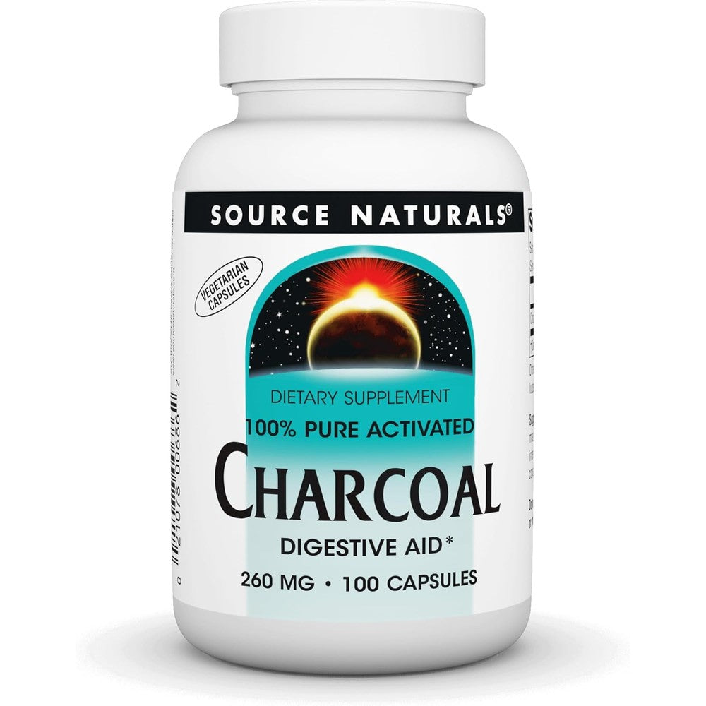 Source Naturals Charcoal 100 Percent Pure Activated Digestive Aid 100 capsules front view showing bottle label