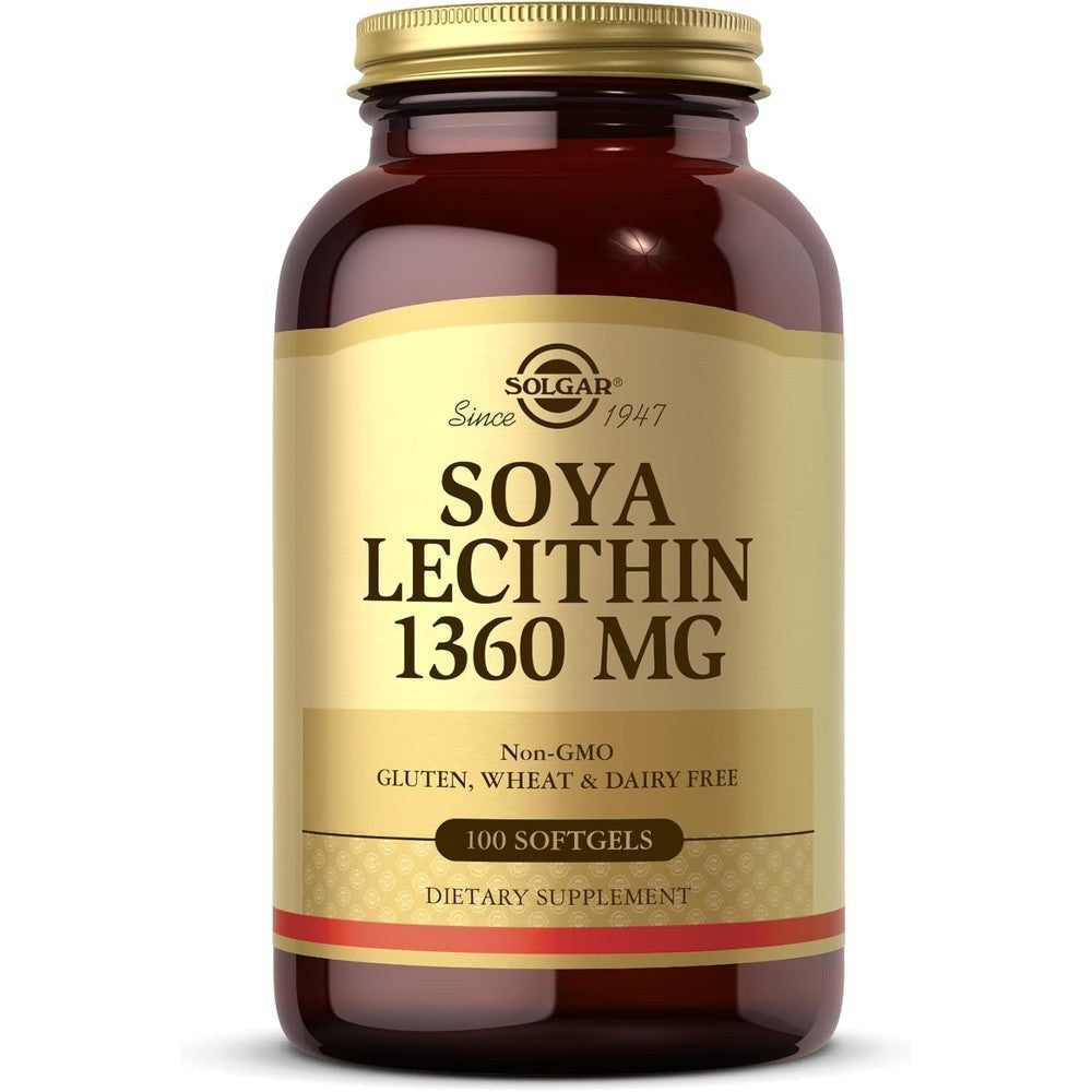 Solgar Soya Lecithin 1360 mg 100 Softgels bottle front view for imported supplement shoppers