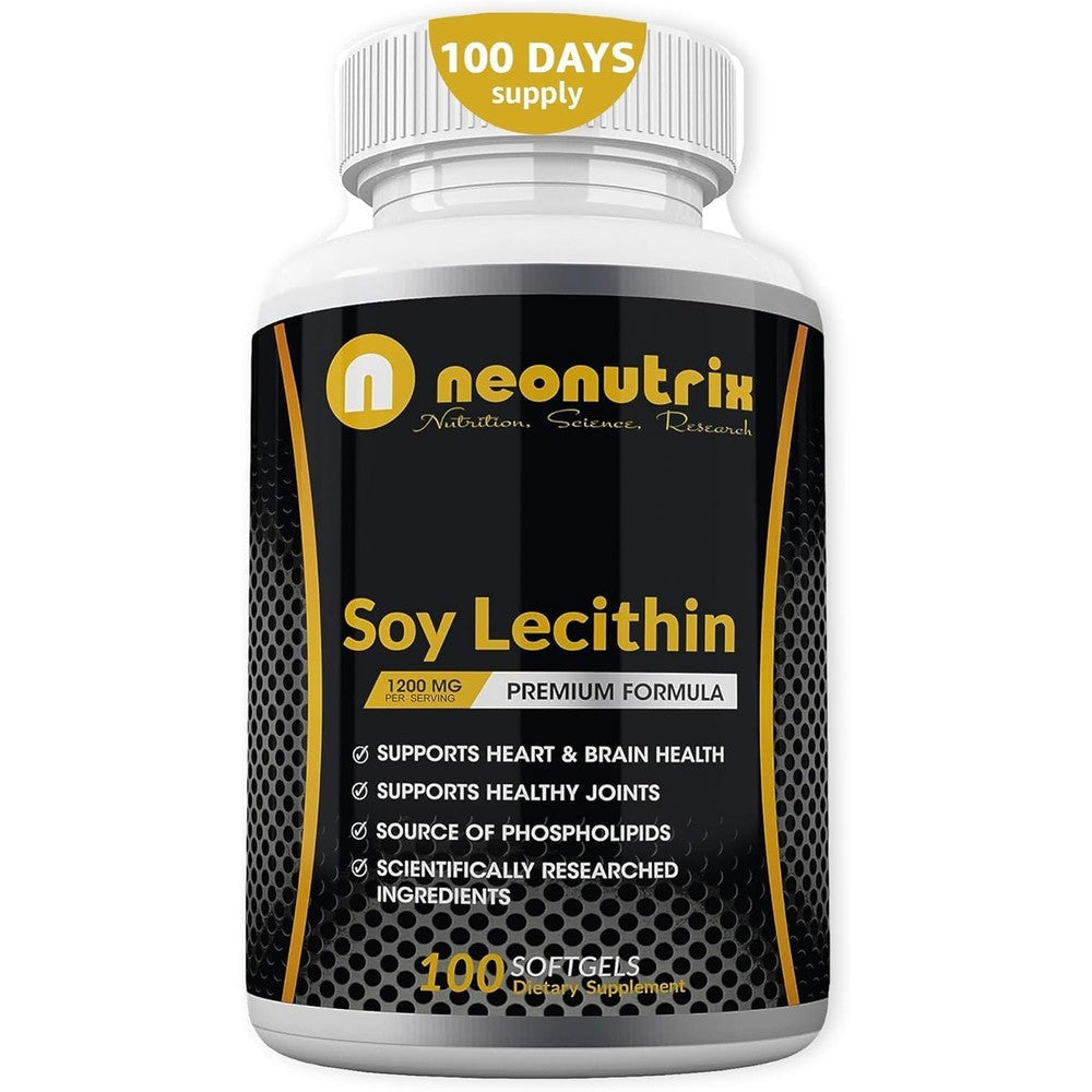 Neonutrix Soy Lecithin 1200mg 100 softgels bottle front view for premium heart and brain health support.