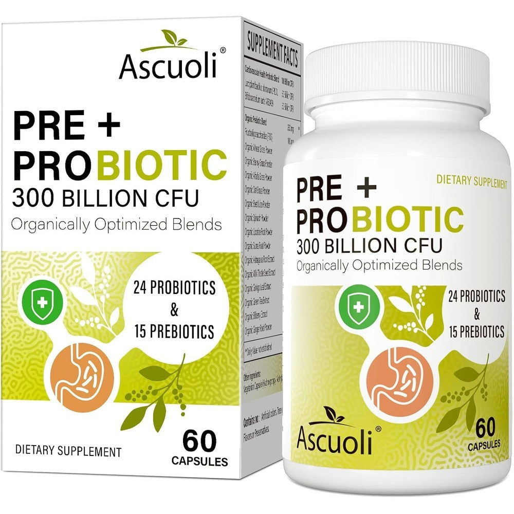 Ascuoli Probiotics 60 vegetarian capsules front view bottle showing 300 billion CFU count