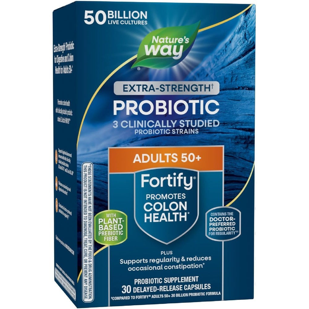 Nature's Way Fortify Extra Strength Probiotic Adults 50 Plus 30 Capsules front view showing packaging details