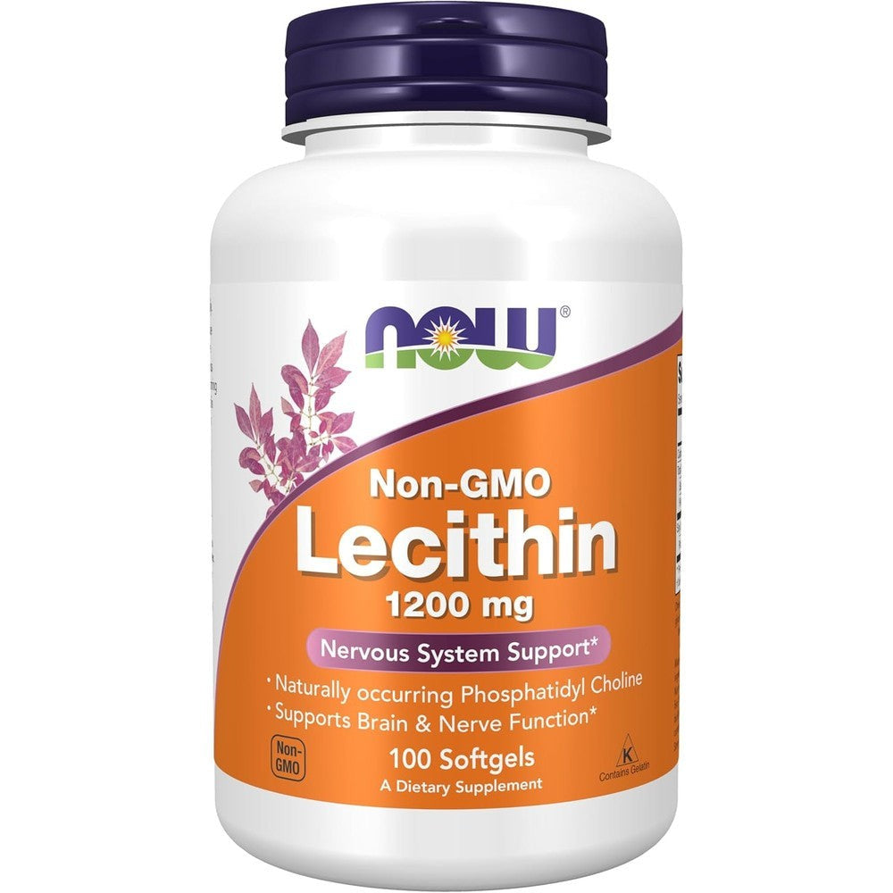 NOW Foods Lecithin 1200 mg 100 softgels front view bottle for nervous system support