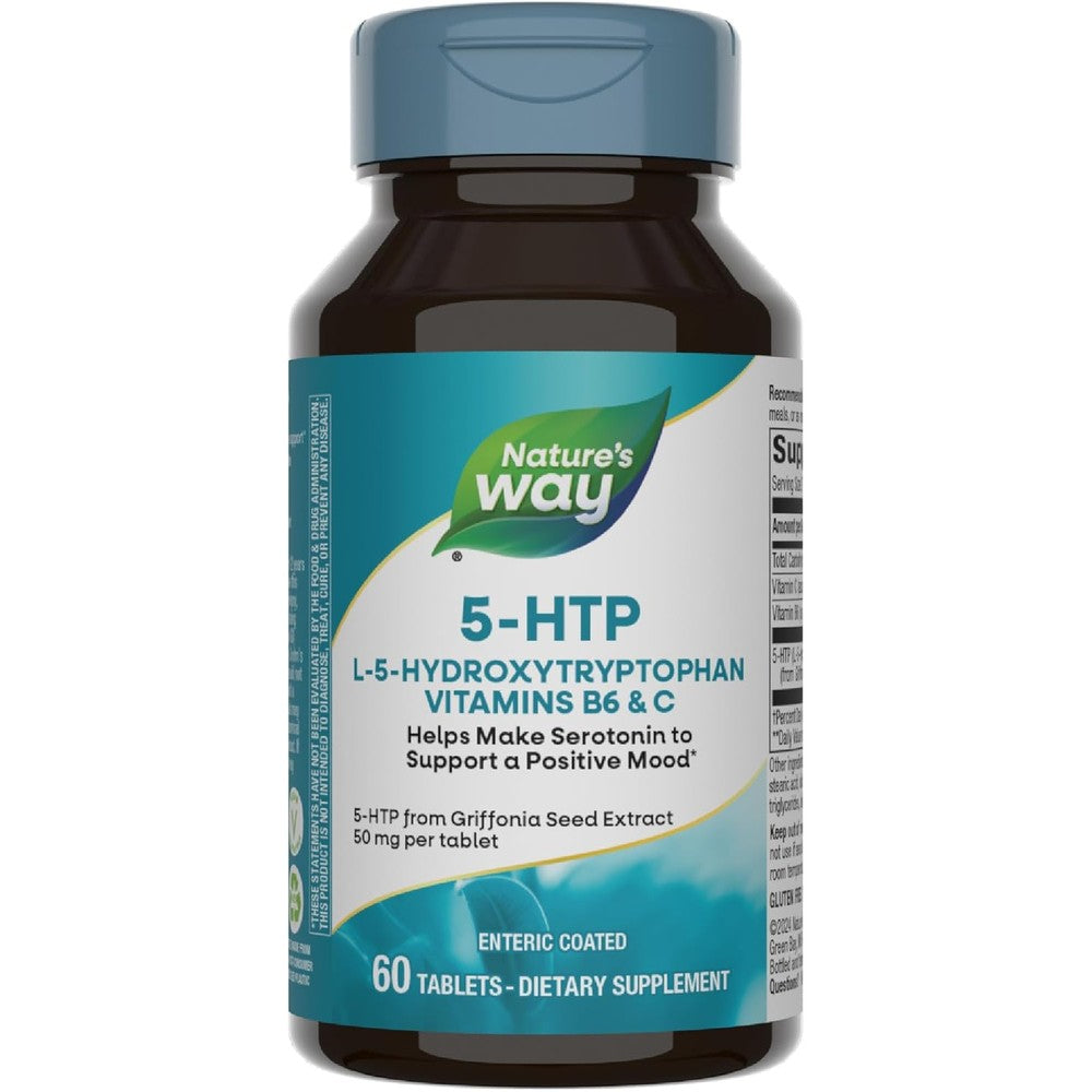 Nature's Way 5-HTP Serotonin Support 60 tablets front packaging view for premium mood booster